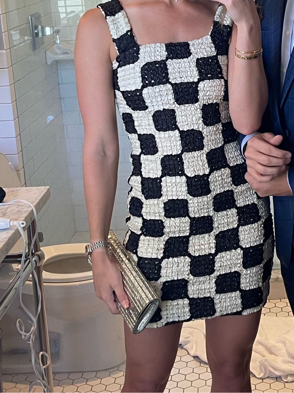 Nanushka Black and Cream Checkered Mini Dress